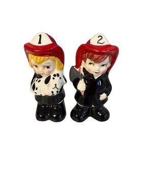 Vintage Firefighter Boy Girl Ceramic Salt Pepper Shakers Dalmatian Korea
